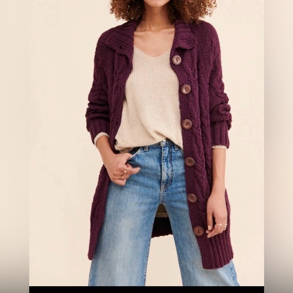 Free People Deep Purple Cable Knit Cardigan XS